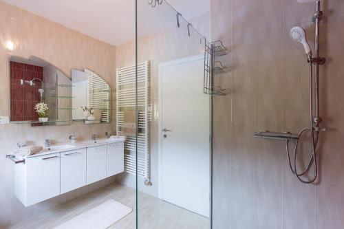 a bathroom with a glass shower and a sink at Villa Lavanda with relaxation spot of swimming pool in scented garden, outdoor terrace and barbecue in Tribalj
