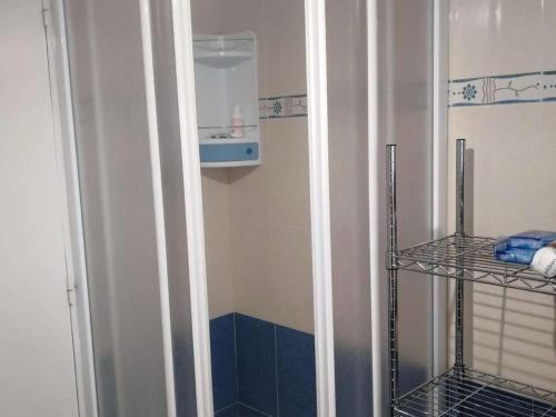La petite salle de bains est pourvue d'une douche et d'un miroir. dans l'établissement Appartement cosy 1 chambre, 6 pers. proche centre et pistes - FR-1-404-89, à La Mongie