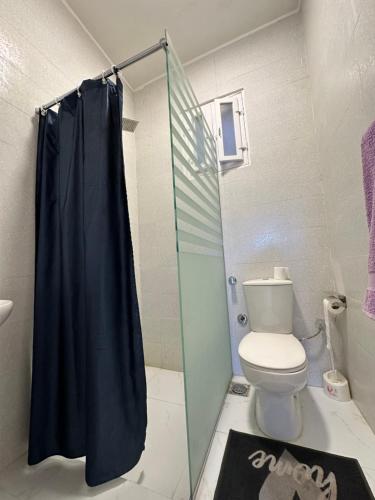 Un baño con inodoro y ducha de cristal. en Tuya House Luxor, en Luxor