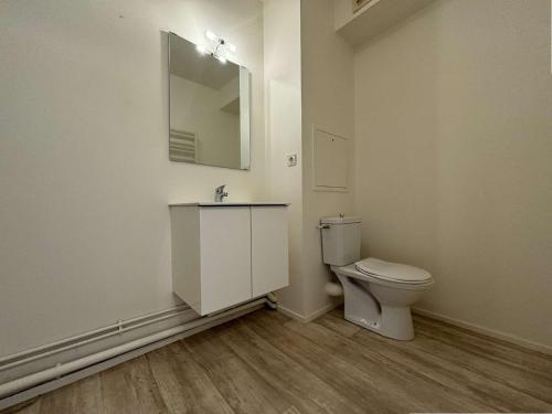 La salle de bains blanche est pourvue de toilettes et d'un miroir. dans l'établissement Appt Studio LA ROCHELLE - LR110-F36, à La Rochelle