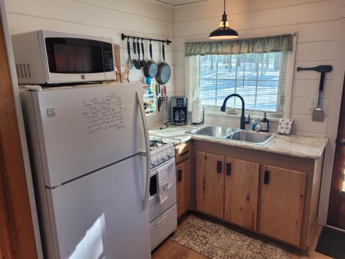 a kitchen with a white refrigerator and a sink at The Higgins Lake Hideaway - Super Cute! in Roscommon