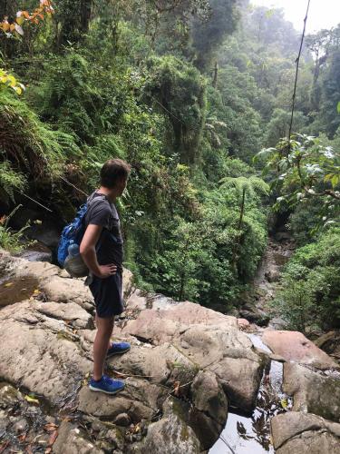 a man standing on some rocks near a river at Hotel Finca Lerida Coffee Plantation and Boutique Hotel in Boquete