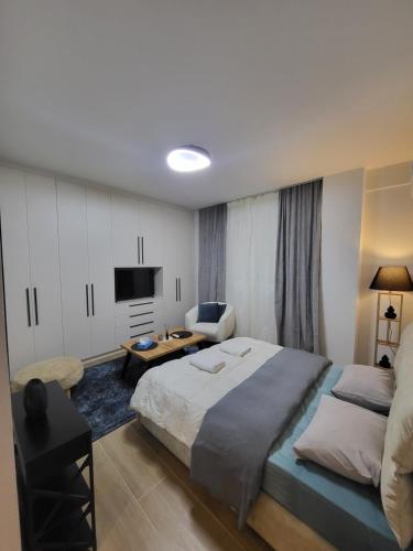 a bedroom with a large bed and a tv at Kolonaki Studio in Athens