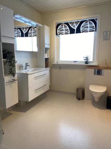 a bathroom with a sink and a toilet and two windows at The Northern Escape in Klaksvík