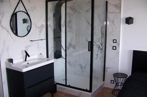 une salle de bain avec douche et lavabo dans l'établissement Naturiste Cap d'Agde Héliopolis E 100, au Cap d'Agde