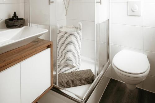 a white bathroom with a toilet and a sink at Waldzauber Appartement in Horhausen