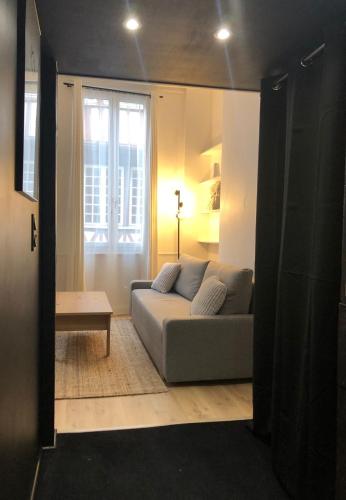 un salon avec un canapé et une fenêtre dans l'établissement Studio Cosy - Hypercentre Rouen - Rue Vicomté, à Rouen