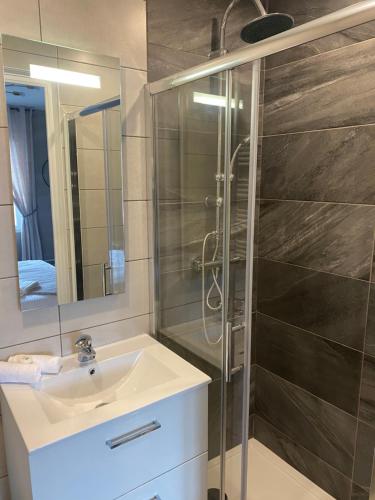 a bathroom with a sink and a shower at Chambres Dancourt in Charmes