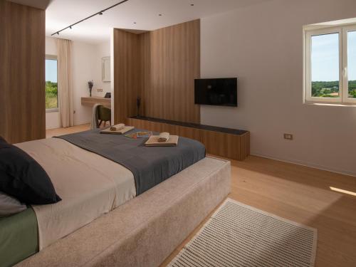 une chambre avec un grand lit et une télévision à écran plat dans l'établissement Villa Corsa - luxury villa in Istria, à Barban
