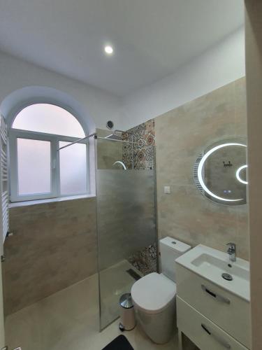 a bathroom with a toilet and a shower and a sink at LUNA RESIDENCE TERRACE Sinaia in Sinaia