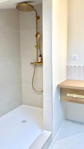 a white bathroom with a shower with a glass door at MiHotel Le Gourguillon in Lyon