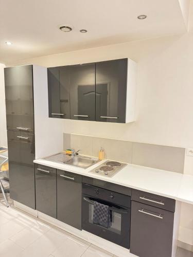 une cuisine avec un évier et une cuisinière dans l'établissement Appartement Idéal Proche Gare, à Amiens