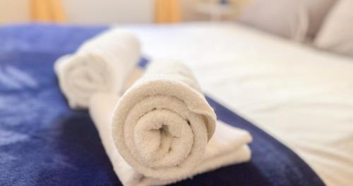 - une serviette enroulée assise sur un lit dans l'établissement AC - Hypercenter - Rooftop view!, à Avignon