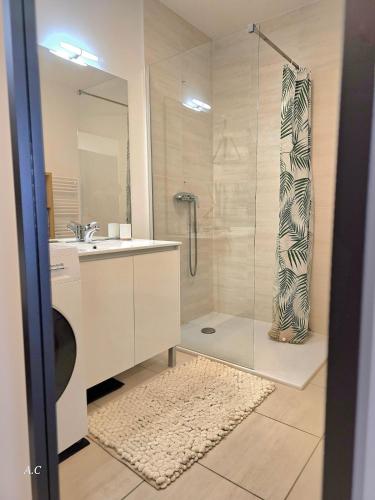 une salle de bain avec une douche, un lavabo et un miroir dans l'établissement La Ciccia - appartement cosy de plain-pied, avec jardin, terrasse et garage privé - By AURAconcergerie, à Saint-Cyr-sur-Mer