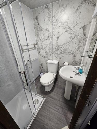 a bathroom with a toilet and a sink and a shower at Black Bull in Wylam