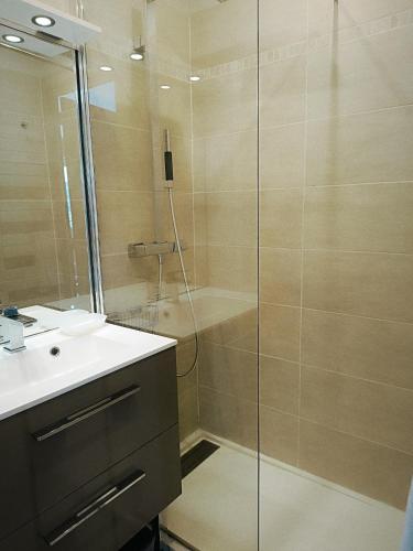 une salle de bain avec douche et lavabo dans l'établissement La Tour Gambetta T3 Vue lac, à Annecy