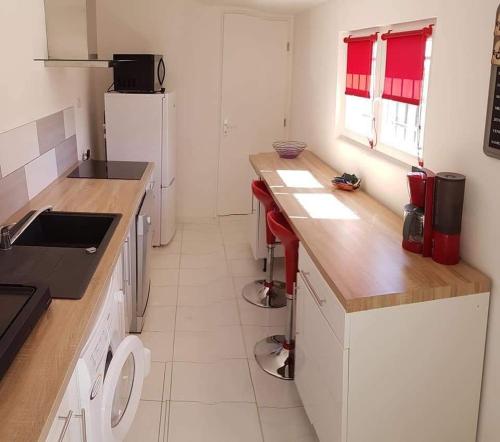 La cuisine est équipée d'un comptoir, d'un évier et d'un réfrigérateur. dans l'établissement Zen et nature, à Beaucaire