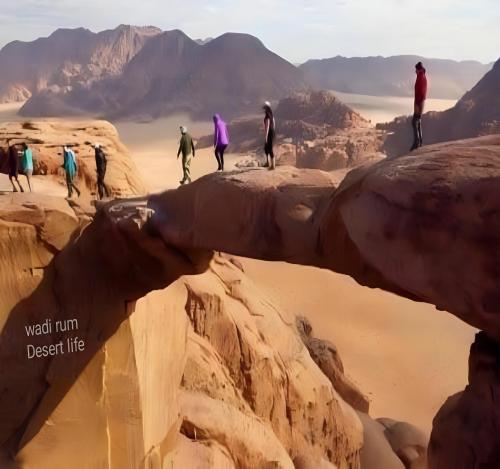 a group of people walking on rocks in the desert at Wadi Rum Desert Life in Wadi Rum