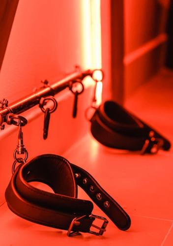 une paire de chaussures attachées à une porte avec menottes dans l'établissement La Chambre d'Anastasia, à Nice