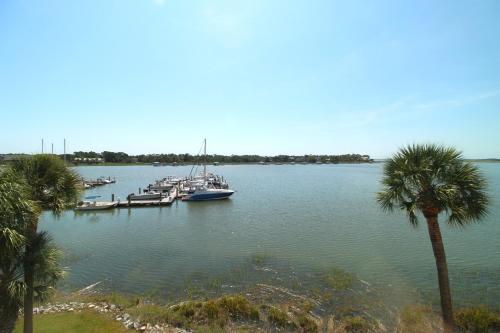 a group of boats docked in a harbor with palm trees at Surf and Turf in Folly Beach
