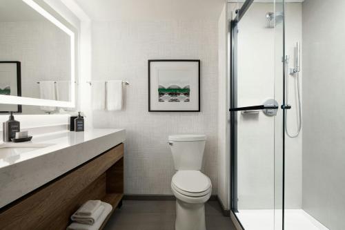 a bathroom with a toilet and a glass shower at Sheraton Westport Plaza in Maryland Heights