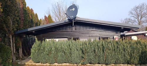 a house with a black roof behind a hedge at Hiška La Vita Kamp Terme 3000 Moravske Toplice vključeno 3x KOLO Športni rekviziti, Igrače in Moravske Toplice