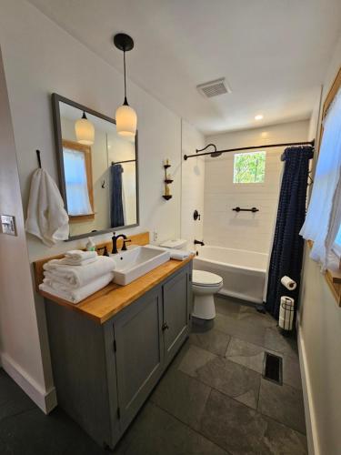 a bathroom with a sink and a tub and a toilet at Hot Tub 3 Kings Close To Everything in Bloomington