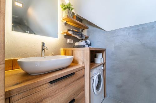 a bathroom with a sink and a washing machine at Podkrovní apartmán Studnice in Nové Město na Moravě