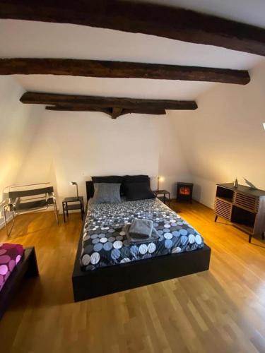 une grande chambre avec un lit et un piano dans l'établissement Typical Cantal house in Montvert, à Montvert