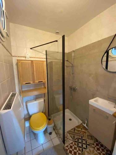 La salle de bains est pourvue de toilettes jaunes et d'un lavabo. dans l'établissement Typical Cantal house in Montvert, à Montvert