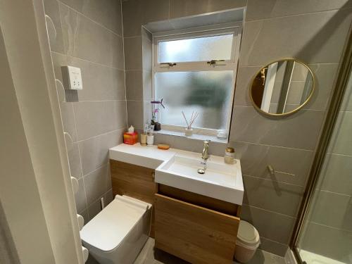 a bathroom with a sink and a toilet and a mirror at Brand new en-suite double room private entry self-check in Oxford