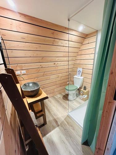 La salle de bains est pourvue de toilettes et d'une paroi en verre. dans l'établissement Chalet cosy en Aubrac, à Nasbinals