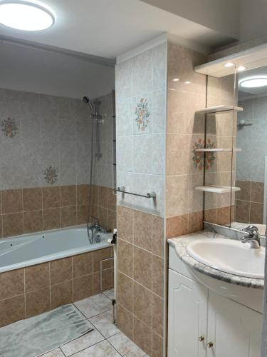 une salle de bain avec une baignoire et un lavabo et une baignoire dans l'établissement Apartment 54m2 1er étage, à Montfort-le-Gesnois