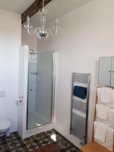 La salle de bains est pourvue d'une douche et d'un lustre. dans l'établissement La petite Maison, à Bouzigues