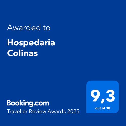 a blue phone screen with the text awarded to hosocabase colinas at Hospedaria Colinas in Indaiatuba