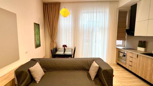 una camera da letto con un letto davanti a una finestra di NIce Flat in Villa Near Old Town a Bucarest