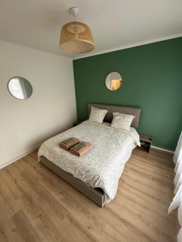 - une chambre dotée d'un lit avec un mur vert dans l'établissement Nouveau Studio -Clim -grand lit et terrasse, à Montpellier