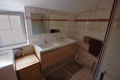 une salle de bain avec un lavabo et un miroir dans l'établissement Gîte de la Créche, à Wimereux