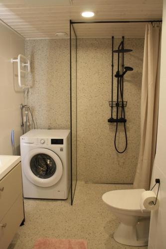 a bathroom with a washing machine and a toilet at Air conditioned condo downtown with lake view in Hämeenlinna