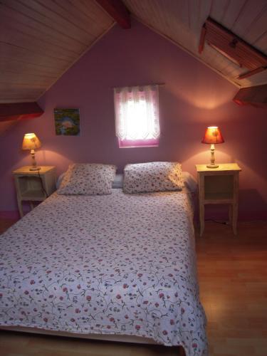 a bedroom with a bed with two lamps on two tables at Gite Les Fées Papillon in Sauzelles