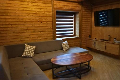 a living room with a couch and a table at Korja Apartments Mavrovo in Mavrovo