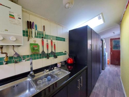 eine Küche mit einem Waschbecken und Küchenutensilien an der Wand in der Unterkunft Cómoda casa familiar in Valdivia