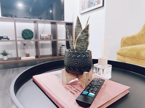 a vase sitting on a table next to a remote control at North Capitol Charm in Washington, D.C.