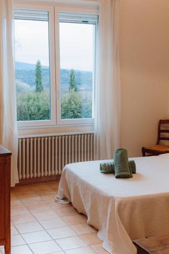 une chambre avec un lit et une grande fenêtre dans l'établissement Villa en Luberon, climatisé, Piscine, wifi et Parking gratuit, à Bonnieux
