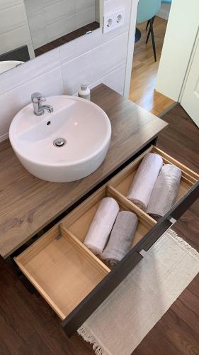 a bathroom with a sink and a counter with towels at Villa Alexandra 1897 Natalie in Bad Wildungen