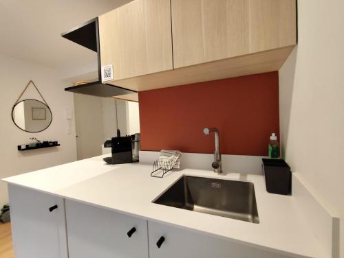 - une cuisine avec un évier et un mur rouge dans l'établissement Beau et calme T1 avec Terrasse au coeur de Kerinou, à Brest