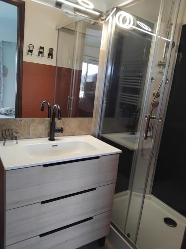 une salle de bain avec un lavabo et une douche dans l'établissement relax curiste, à Gréoux-les-Bains