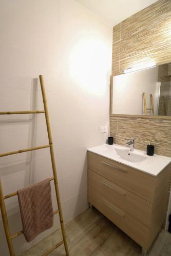 une salle de bain avec un lavabo et un miroir dans l'établissement Appartement PORT SAINT CYPRIEN, à Saint Cyprien Plage