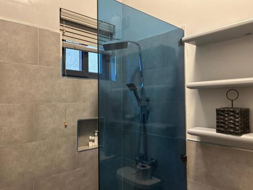 Un baño con ducha de cristal con inodoro. en Syxx Old Church Road, en Kingston