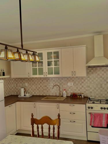 a kitchen with white cabinets and a sink and a stove at Kuća za odmor u prirodi Ivana in Ilok